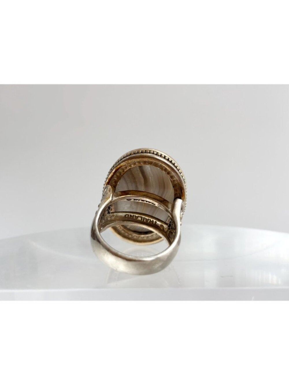 Grey Banded Agate Polished Cabochon Sterling Silver 925 Vintage Ring - sz 8 - Picture 6 of 16